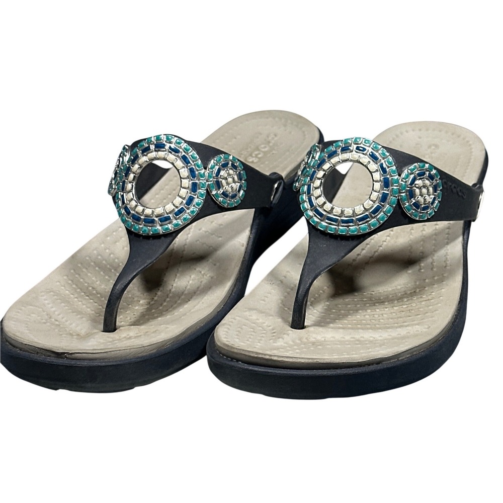Crocs Sanrah Beaded Circle Wedge Sandals Navy Blue Women Size 11 Flip Flops